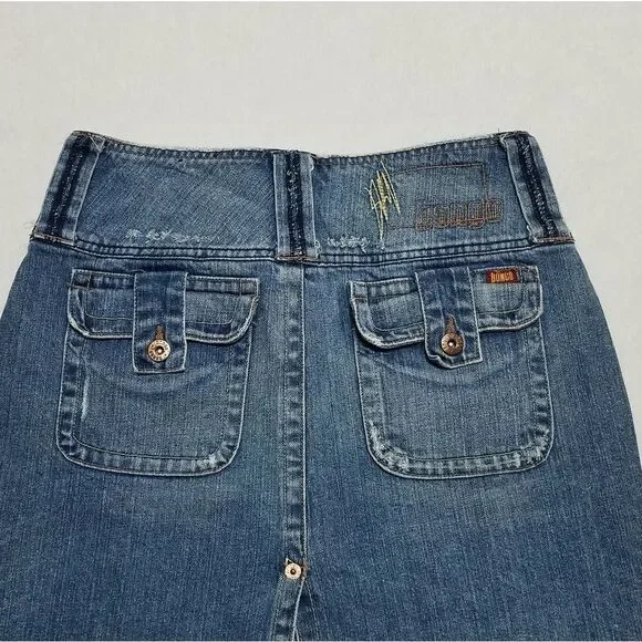 VINTAGE Y2K Bongo Distressed High Rise Stretchy Denim Mini Skirt Wide Belt Loops - Picture 10 of 12